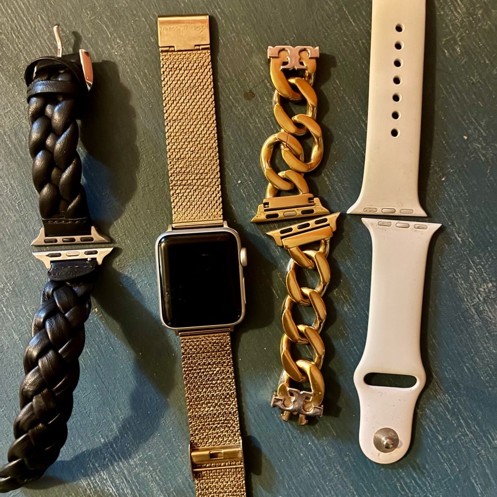 Apple Watch with Gold Mesh & Chain Bands, Black Braided and White Sport Straps.